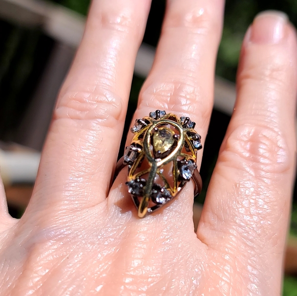 Citrine & Topaz Sterling Rhodium & Gold Art Deco ring sz6.5 - Picture 4 of 15